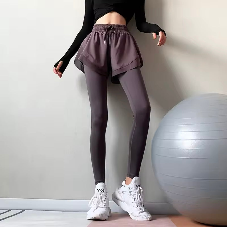 Women’s High-Waist 2-in-1 Yoga Leggings - High-Elastic Fitness & Running Tights - LAVENDER