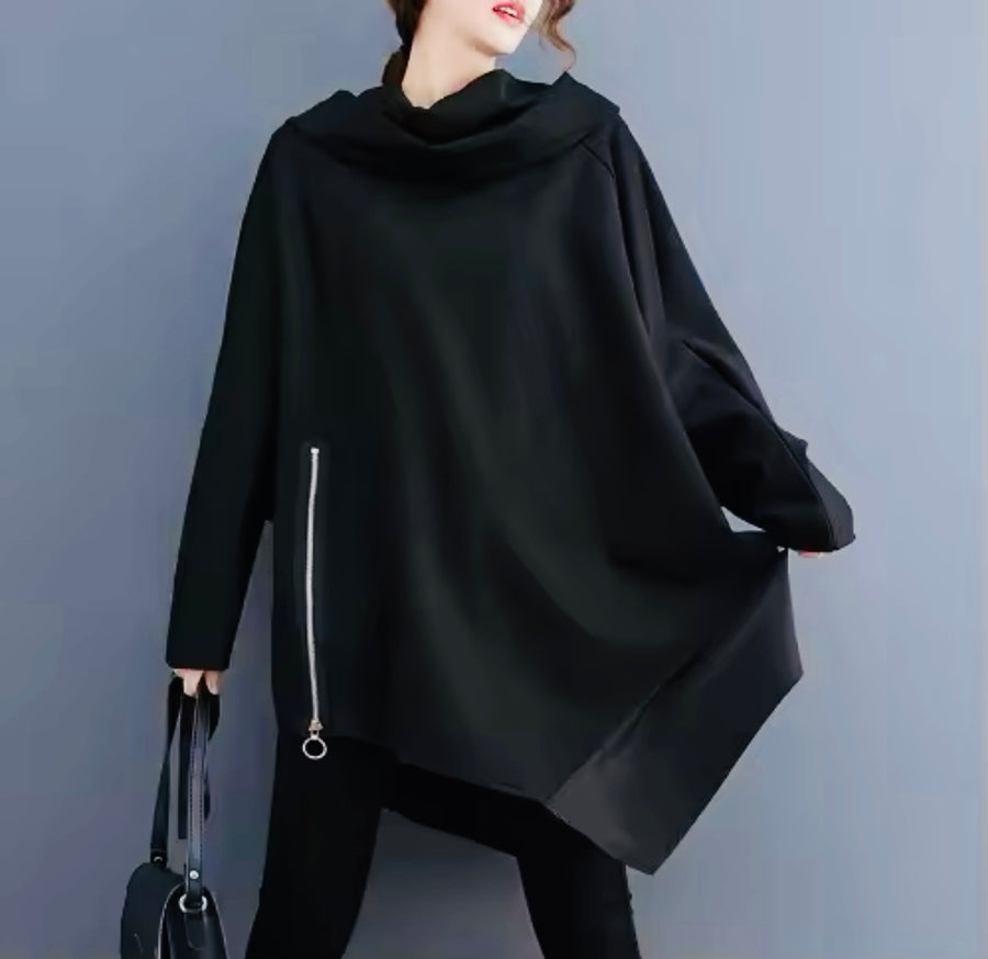 Asymmetrical Black Batwing Hoodie - Cozy Autumn & Winter Sweatshirt - BLACK