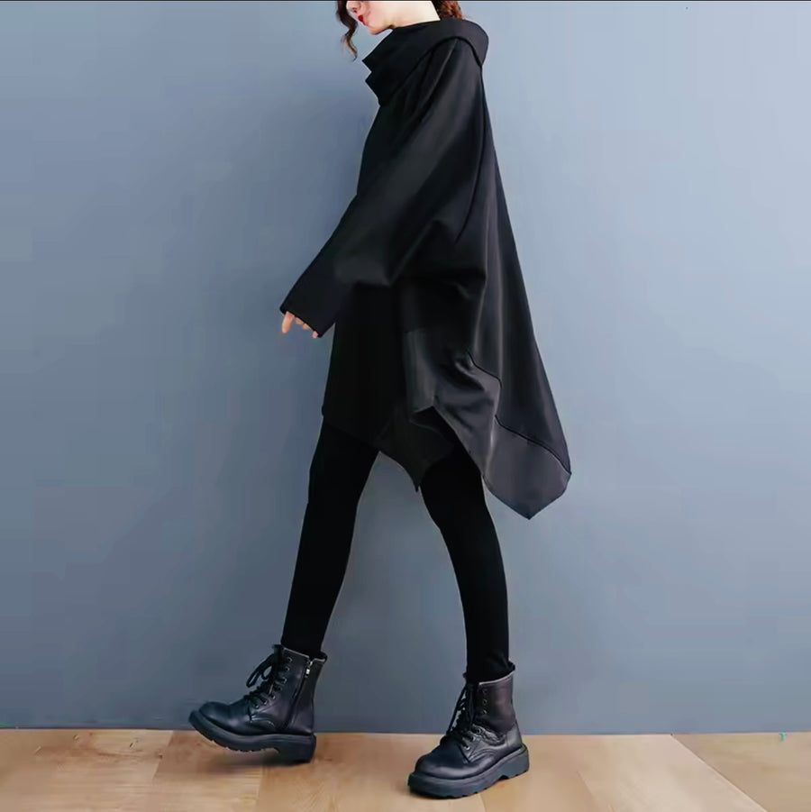 Asymmetrical Black Batwing Hoodie - Cozy Autumn & Winter Sweatshirt - BLACK