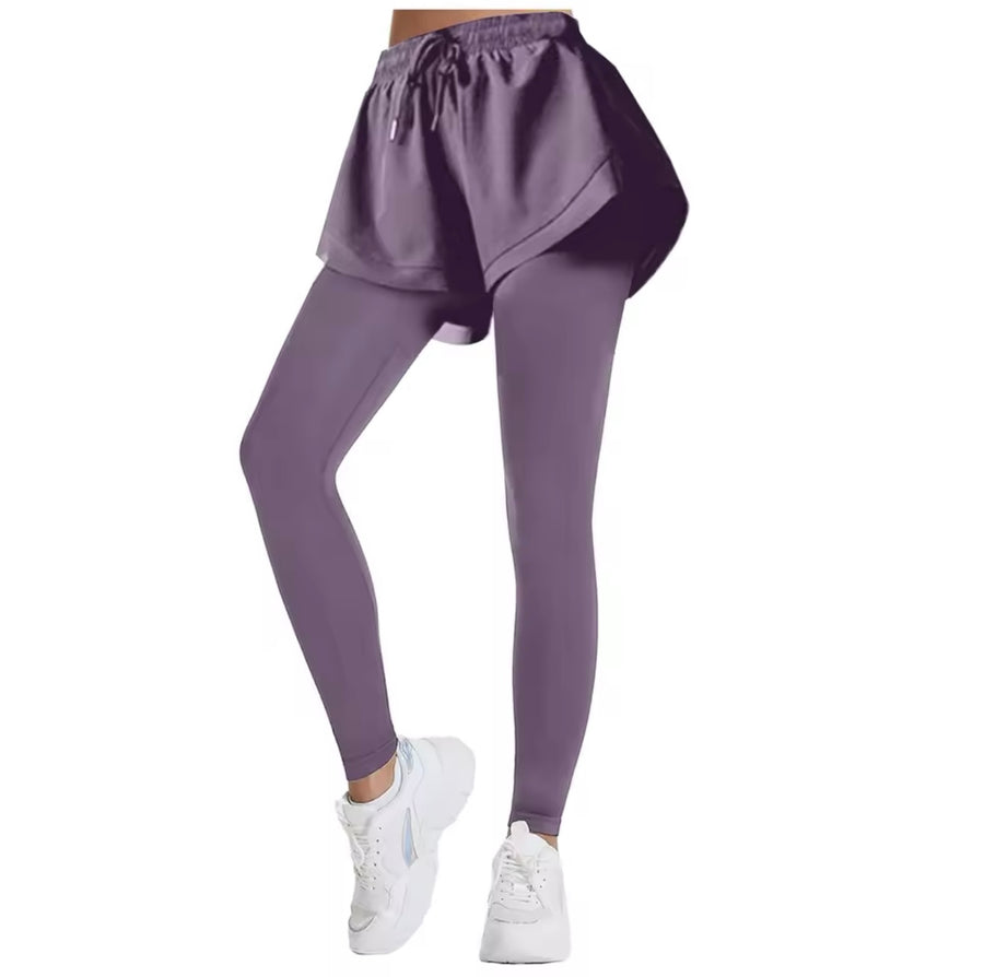 Women’s High-Waist 2-in-1 Yoga Leggings - High-Elastic Fitness & Running Tights - LAVENDER